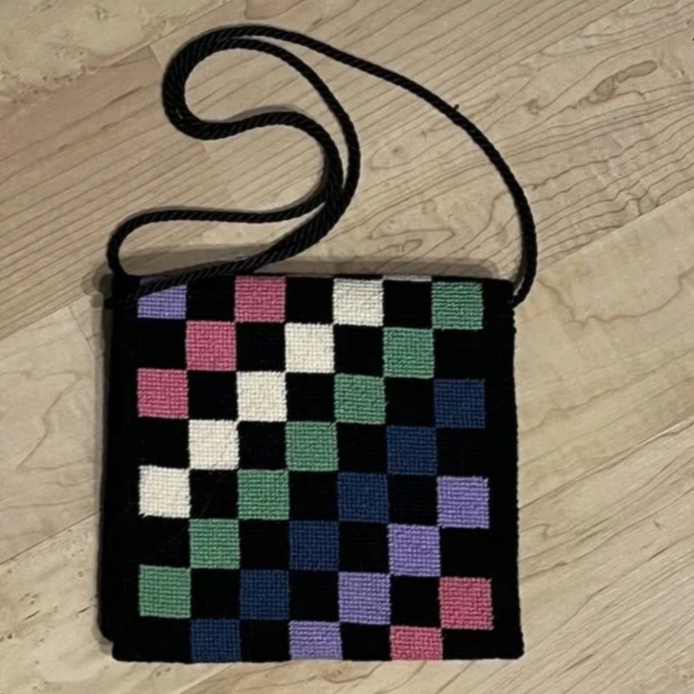 EUC checkered color block bag, black crossbody, green/pink/blue/white/purple